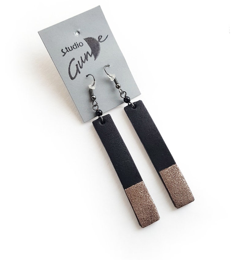 Chunky stick earrings sparkle warm silver rand Black leather earrings Thick lining Genuine leather drop Bar earrings cool gift idea