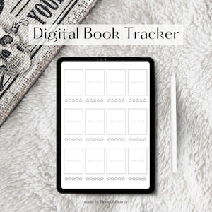 May include: A digital book tracker template on a white tablet with a white stylus. The template has 12 book cover spaces with five stars below each space for rating.