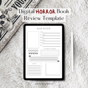 May include: A digital book review template on a tablet screen. The template has sections for title, author, genre, format, dates, trigger warnings, favorite chapter, notes, and a rating system with five stars and skulls. The text "BOOK REVIEW" is at the top of the template.