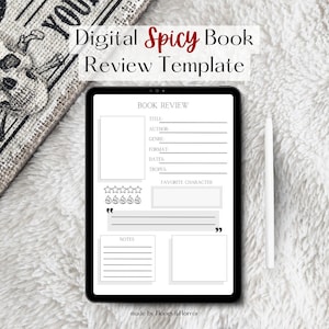May include: A digital book review template on a tablet screen. The template includes sections for title, author, genre, format, dates, tropes, favorite character, notes, and a five-star rating system with chili pepper icons.
