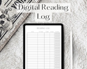 Puede incluir: Una plantilla de registro de lectura digital en la pantalla de una tableta. La plantilla tiene columnas para el título, el autor, el género, las páginas y la calificación. La columna de calificación tiene cinco estrellas para cada fila.