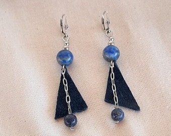Blue Pendulum Earring. Handmade earring reusing cobalt blue suede, lapis lazuli stone and silver. The perfect accessory!