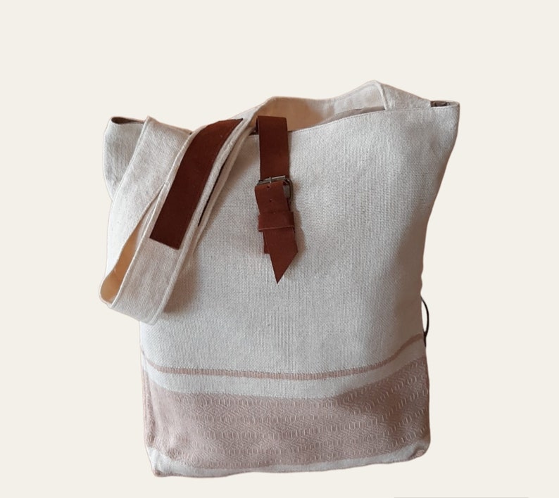 Boho totebag. Handmade bag made with fabric woven on a wooden loom and embellished with reused details of brown suede. image 3