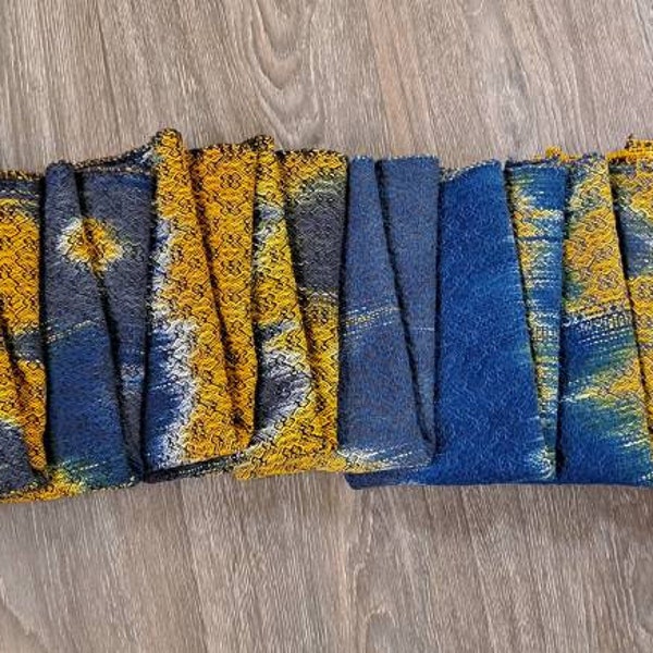 Handwoven blue, yellow and grey tea towels. 100% cotton. Hand dyed