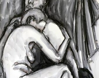 May include: A black and white drawing of two people embracing. The woman is sitting with her arms wrapped around the man, who is leaning his head on her shoulder. The drawing is done in a loose, expressive style.