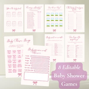 Jeux de baby shower modifiables avec noeud rose, 8 jeux personnalisables sur toile, Baby shower de noeud rose, Pack de jeux de baby shower fille, anecdotes sur la naissance, pronostics