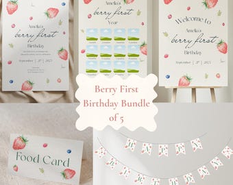 Berry First Birthday Bundle, First Birthday Girl, Dekoracja na 1. urodziny, Zaproszenie na 1. urodziny, Motyw truskawkowy, Szablon edytowalny