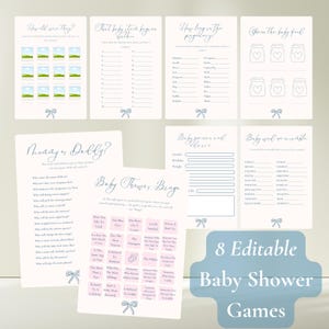 Jeux de baby shower modifiables avec noeud bleu, 8 jeux personnalisables sur toile, Baby shower de noeud bleu, Pack de jeux de baby shower garçon, anecdotes sur la naissance, pronostics