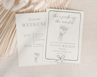 Fresh off The Market Bridal Shower Invitation Canva Template, Digital Download, Hand Drawn Bouquet Flowers, Farmers Market Bridal