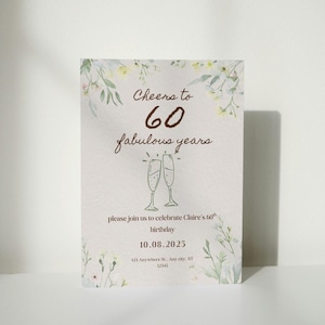 Floral 60th Birthday Invitation, Editable Invitation Template, Birthday Brunch, Digital Invite, Diamond Jubilee, Cheers to 60