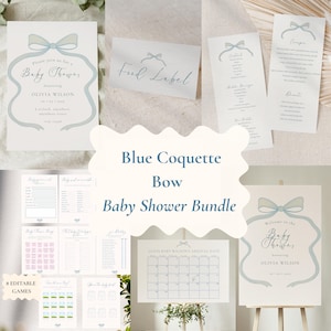 Baby Shower Bundle Blue Coquette Bow, Editable Template Canva, Invitation, Welcome Sign, Games, Hand Drawn Coquette Blue Bow Boy Baby Shower