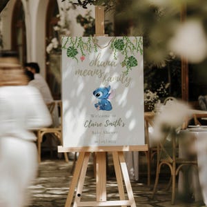Cartello di benvenuto per baby shower a tema Stitch, modello modificabile, Baby shower a tema Stitch con Lilo e Stitch Ohana, modello per cartello di benvenuto, decorazioni per baby shower