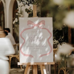 Pink Bow Coquette Bachelorette Welcome Sign, She’s trying the knot, Coquette Bridal, Editable Template Canva, Pink Bow Bridal