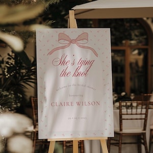 Pink Bow Coquette Bachelorette Welcome Sign, She’s trying the knot, Coquette Bridal, Editable Template Canva, Pink Bow Bridal