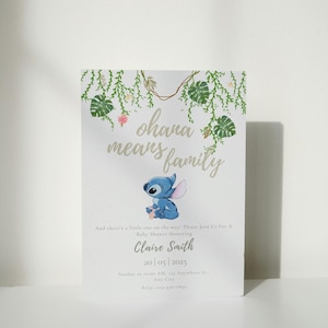 Invito per baby shower a tema Stitch, modello di invito modificabile, biglietto digitale, baby shower a tema Stitch, Lilo e Stitch, Ohana, invito a tema Stitch