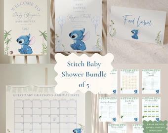 Stitch Baby Shower Bundle, Editable Invitation Template, Digital Card, Baby Shower Games, Printable Bundle, Baby Shower Welcome Sign
