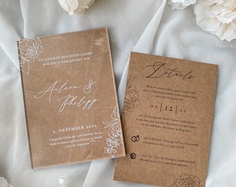 Wedding invitation - set of kraft paper card in brown and acrylic glass | Acrylic Din A6 | Wedding invitation