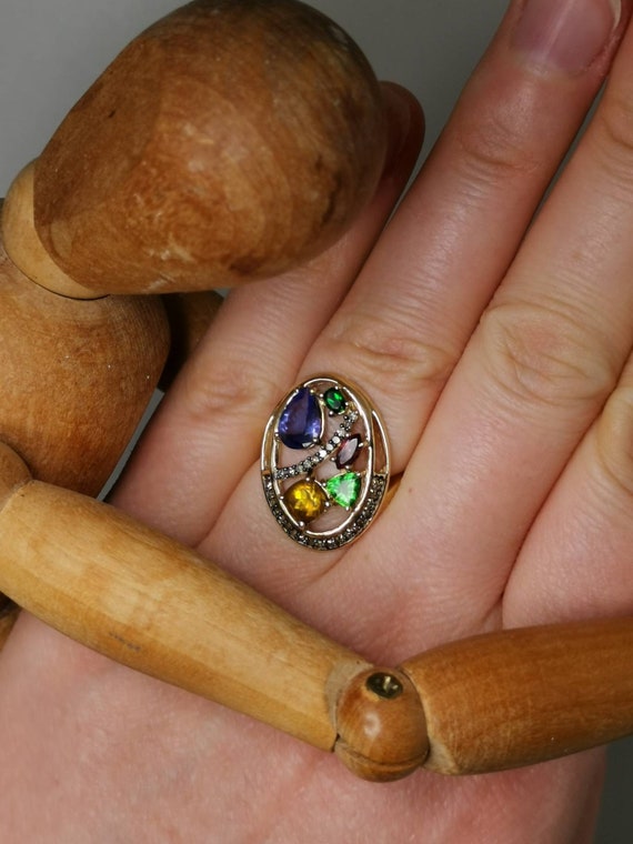 Multi-stone cocktail ring solid yellow gold Vinta… - image 5