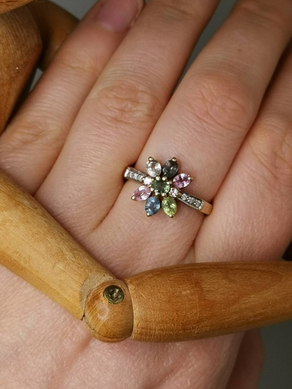 Multi-stone cocktail ring solid yellow gold Vinta… - image 5