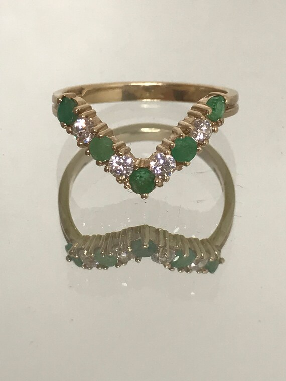 Emerald vintage wishbone ring solid gold green si… - image 8