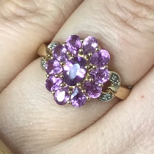 Diamond and pink sapphire ring size O London natural diamonds pink ruby colour solid gold genuine fine jewellery vintage spinel cluster 9ct