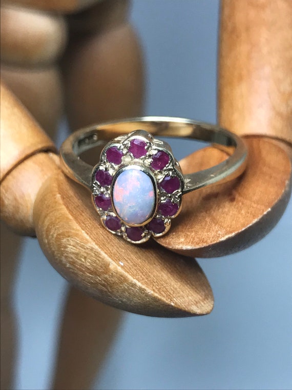 Vintage Opal and ruby ring natural real opal yell… - image 2