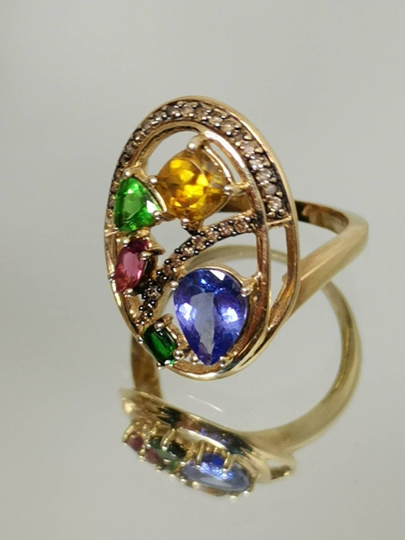 Multi-stone cocktail ring solid yellow gold Vinta… - image 4