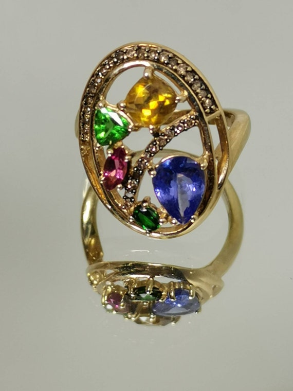Multi-stone cocktail ring solid yellow gold Vinta… - image 2