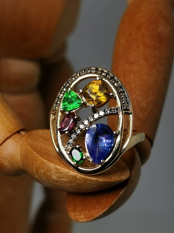 Multi-stone cocktail ring solid yellow gold Vinta… - image 1