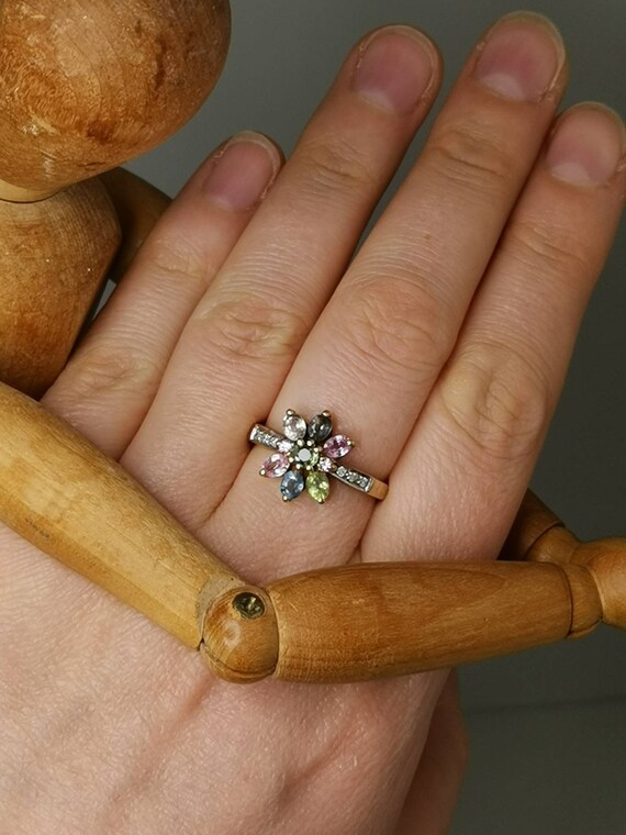 Multi-stone cocktail ring solid yellow gold Vinta… - image 8