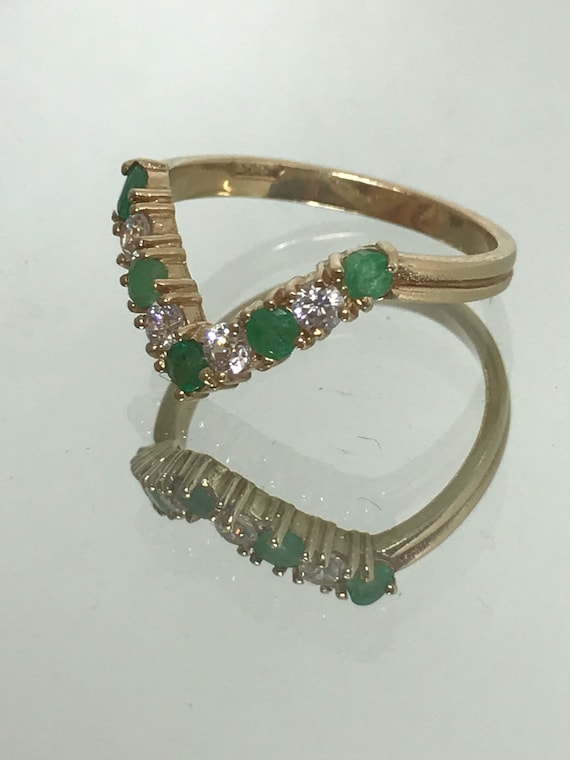 Emerald vintage wishbone ring solid gold green si… - image 7