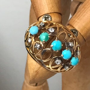 15ct diamond and turquoise vintage solid gold ring size O antique fine jewellery statement unusual real natural genuine bombe ring