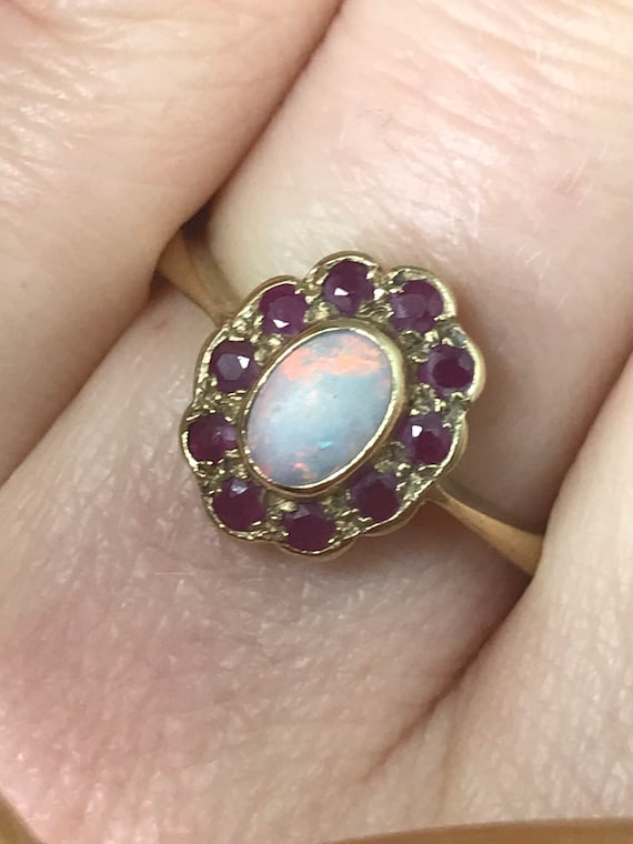 Vintage Opal and ruby ring natural real opal yell… - image 1