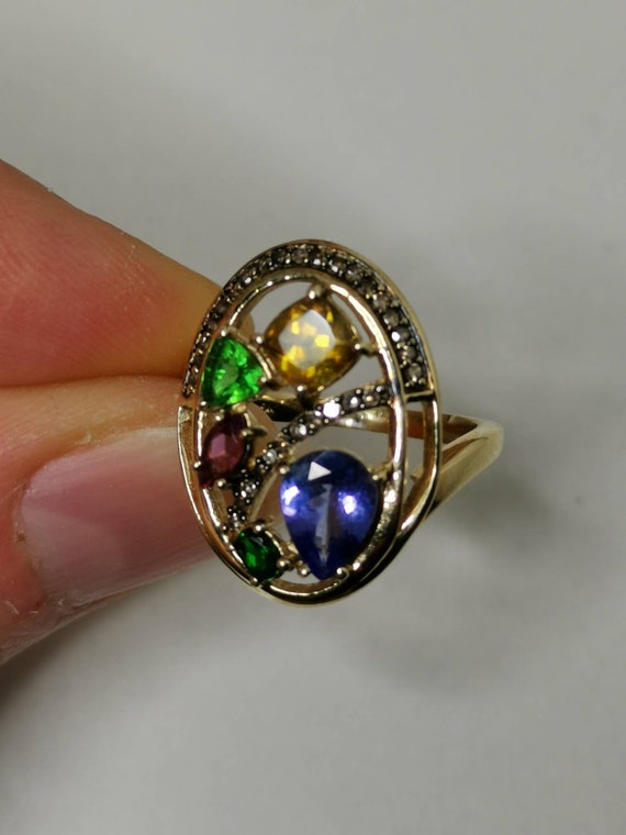 Multi-stone cocktail ring solid yellow gold Vinta… - image 10