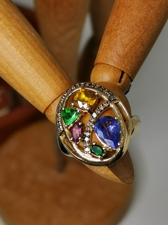 Multi-stone cocktail ring solid yellow gold Vinta… - image 6