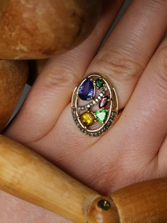 Multi-stone cocktail ring solid yellow gold Vinta… - image 3