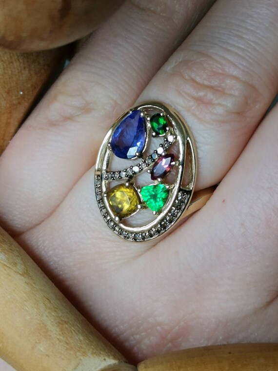 Multi-stone cocktail ring solid yellow gold Vinta… - image 9