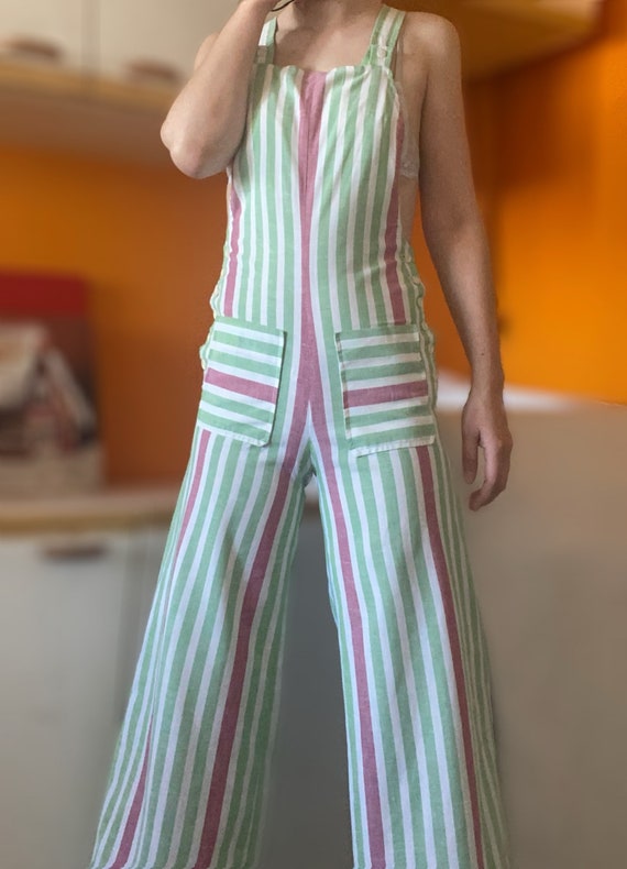 1970s does 30s handmade summer striped overalls, p