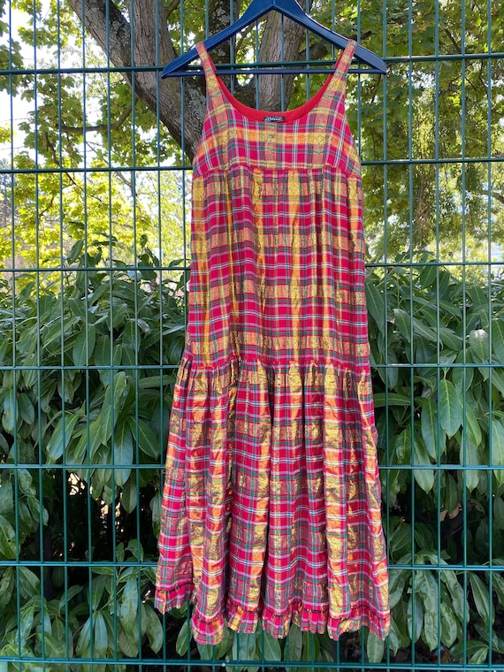 1970s Anastasia Paris tartan strap dress, gold lur