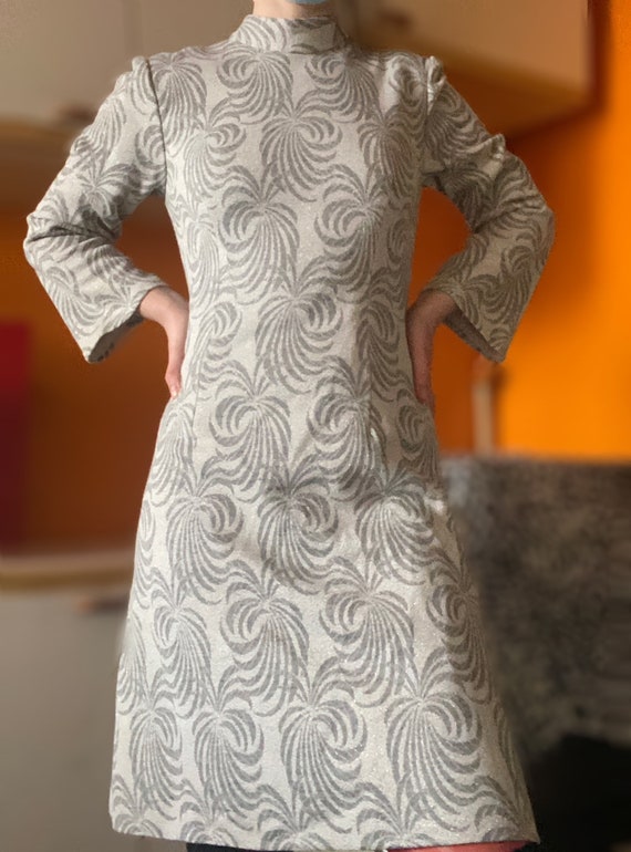 1960s lurex psychedelic print dress, silver tones,