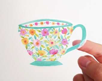 Teacup Floral Clear Vinyl Sticker