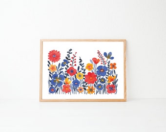 Red and Indigo Floral: A5 / A4 Watercolour Floral art print