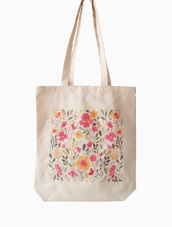 Floral Pattern Natural Cotton Tote Bag - Etsy Sweden