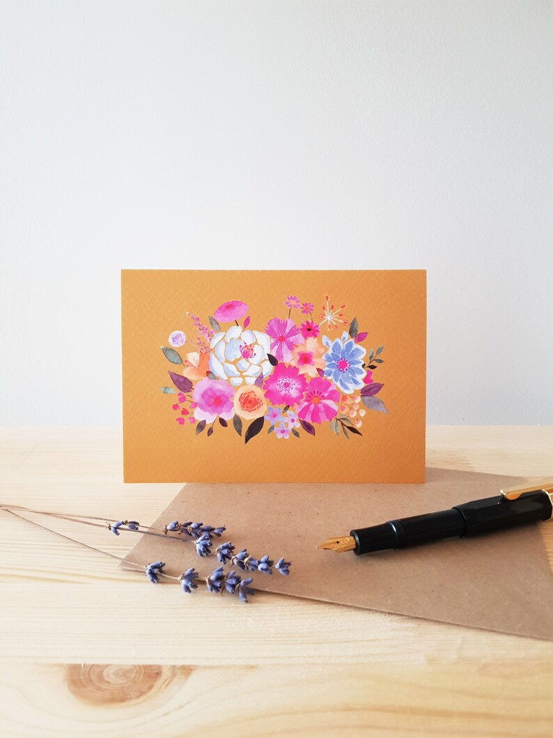 Carte de vœux d’art floral A6 taille, blanc - Moutarde image 1