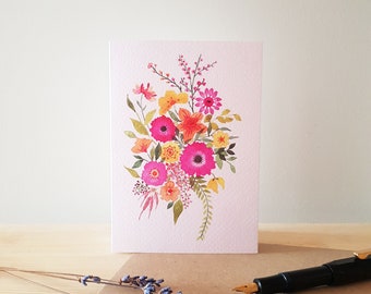 Floral Art Greeting Note Card A6 size, blank - Dust Pink