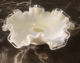 Vintage Fenton White Milk Glass Silver Crest Ruffled Small Bowl Dish