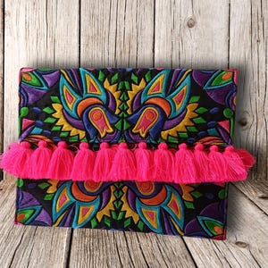 Bolso bohemio bordado colorido, bolso hippie, poco convencional, único, bolso de mano grande, bolso hecho a mano, bolso de gran tamaño, bolso de mano con borlas, bolso de mano de noche