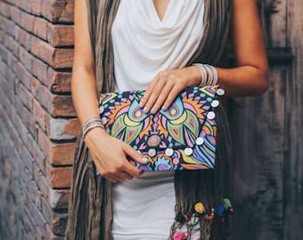 Colourful Embroidered Boho Purse, Hippie Bag, Offbeat, Unique, Large Clutch, Handmade Bag