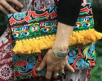 Colourful Boho Bag, Tasseled Bag, Hippie Bag, Large Clutch Purse, Hippie Clutch, Tribal Bag, Hmong, Embroidered Bag