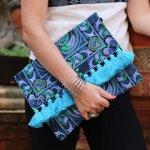 Handmade Large Blue Boho Clutch Bag With Tassels And Removable Strap For A Crossbody Bag